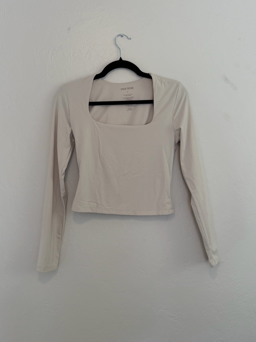 Pink Rose Beige Long Sleeve Square Neck Crop Top - Slim Fit